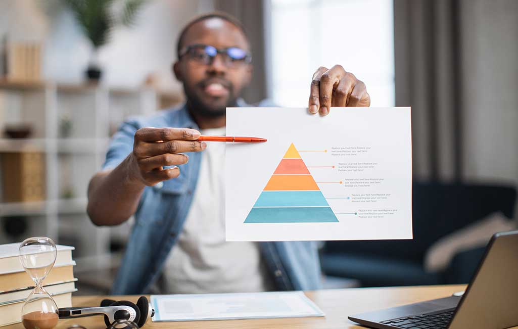 Person presenting colourful pyramid chart