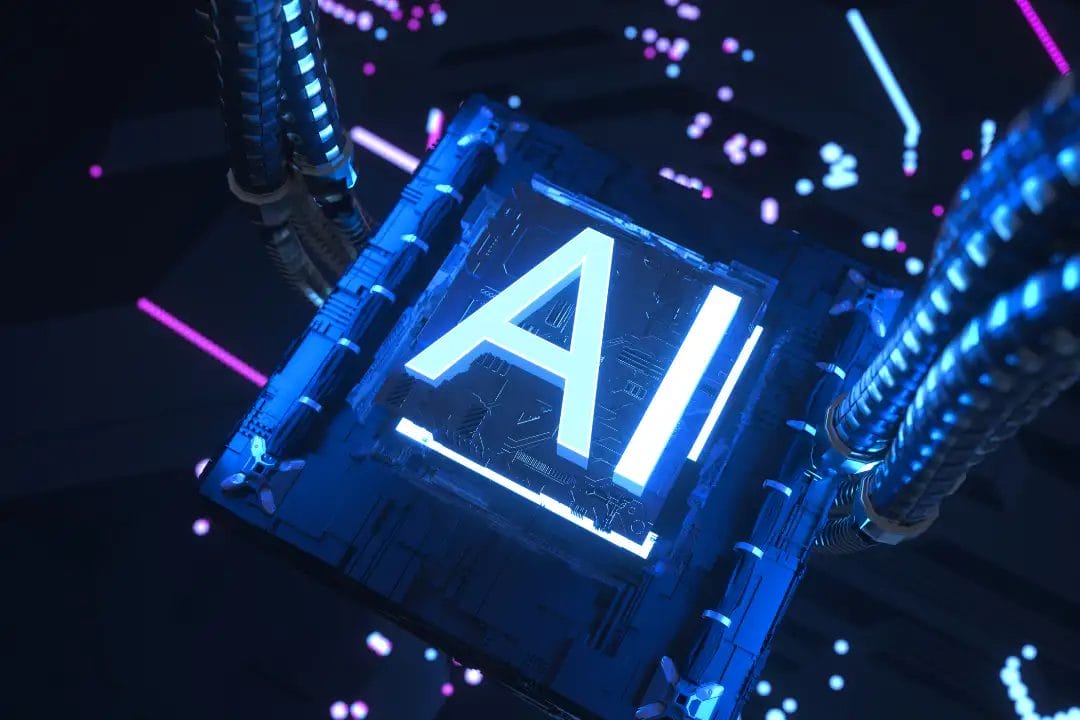 Glowing AI chip in futuristic setting