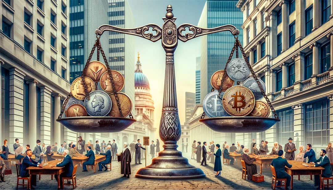 Scales balancing traditional and cryptocurrency in cityscape.