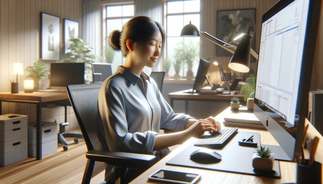 Woman working on computer in office with plants.