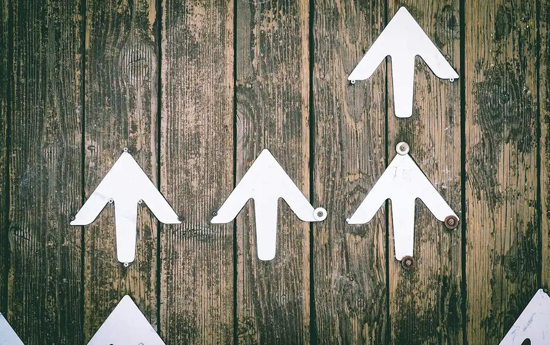 White arrows on rustic wooden surface.