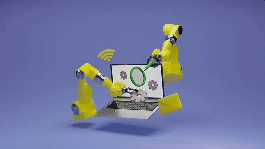 Robotic arms interacting with laptop screen.