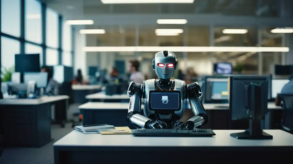 Robot working at a computer in office.