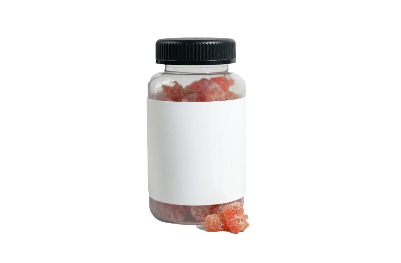 Jar of gummy candies with blank label