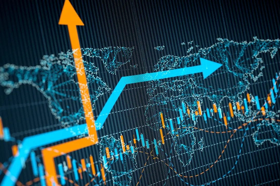 Financial graphs with upward trends globally.