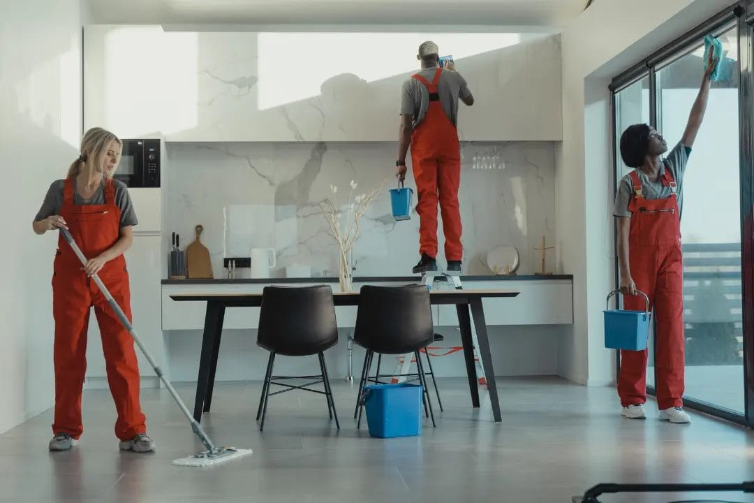 Team cleaning modern kitchen windows and floors.